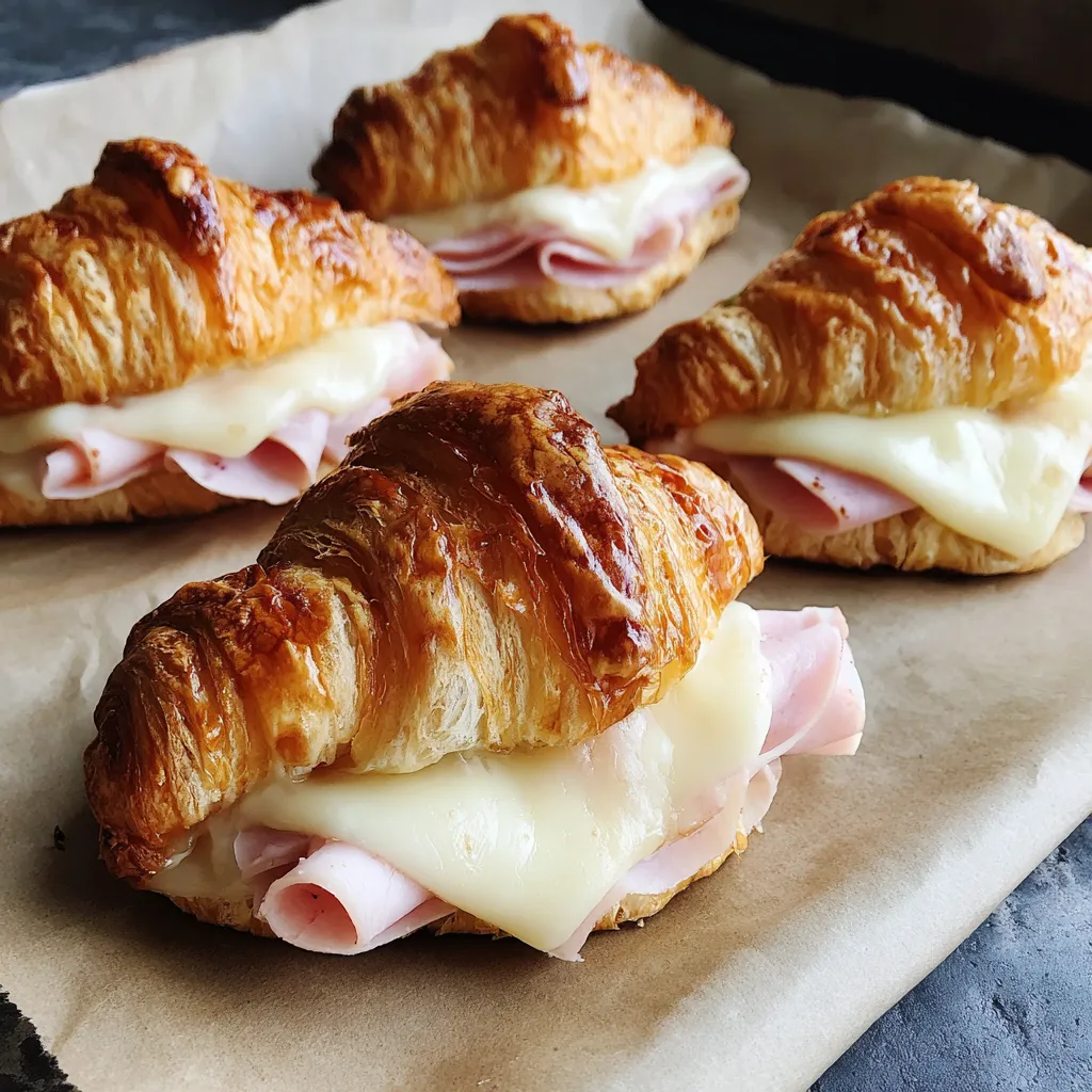 Three croissant sandwiches with ham and turkey.