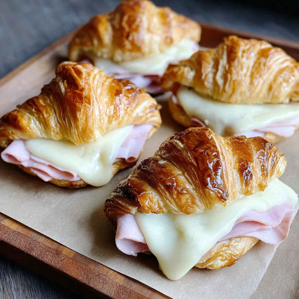 A plate of croissant sandwiches with ham and cheese.