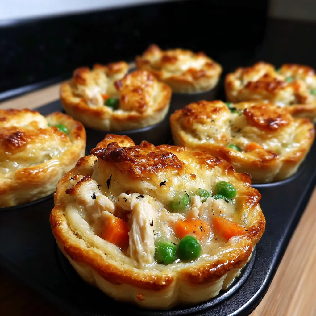 Mini chicken pot pies on a tray.