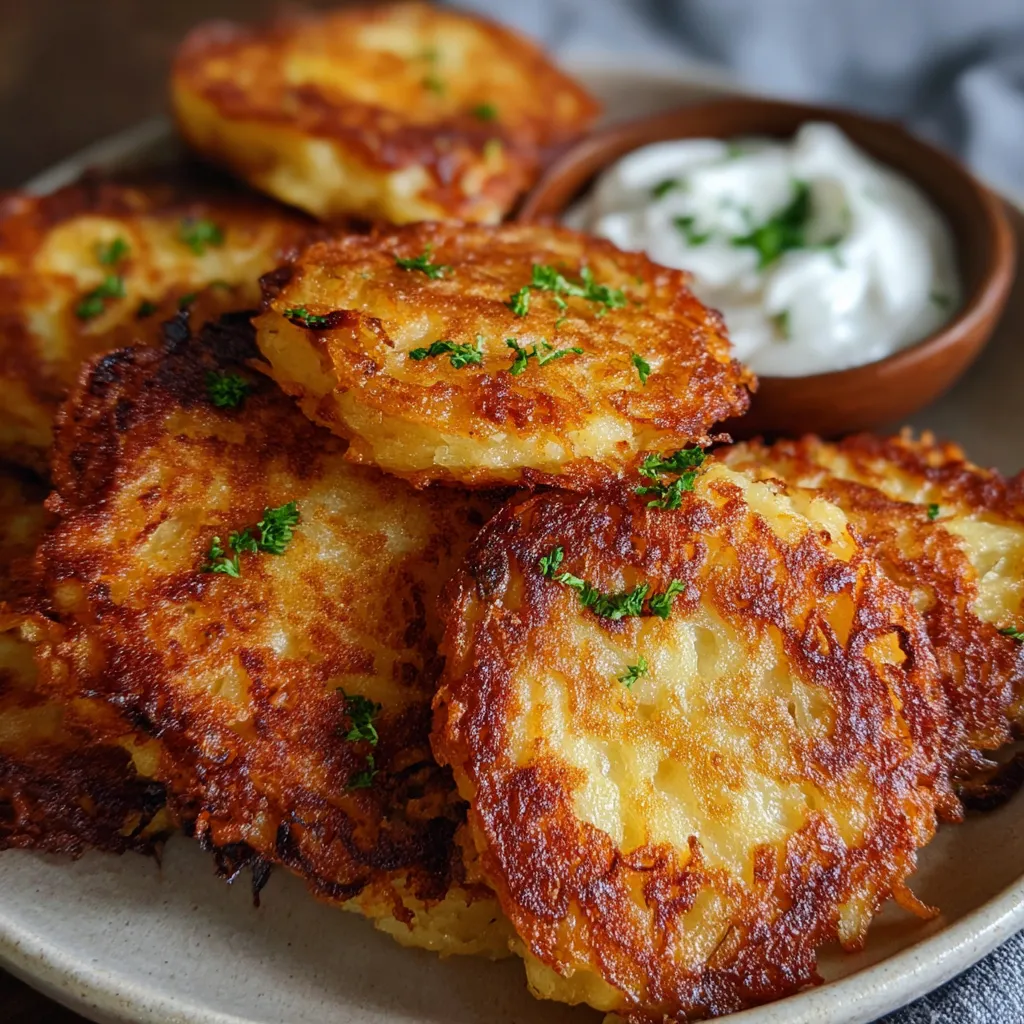 A plate of German potato pancakes with a bowl of sauce.