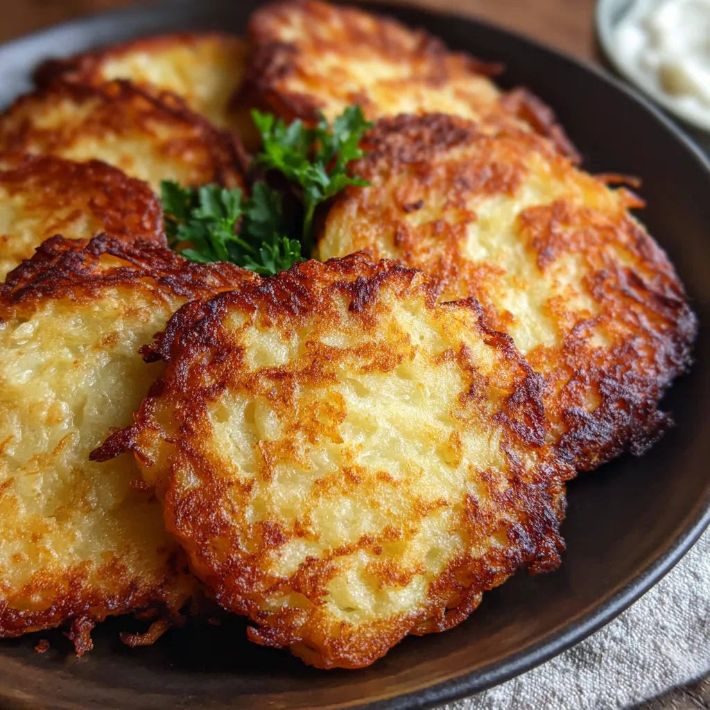 A plate of German potato pancakes with a green garnish.