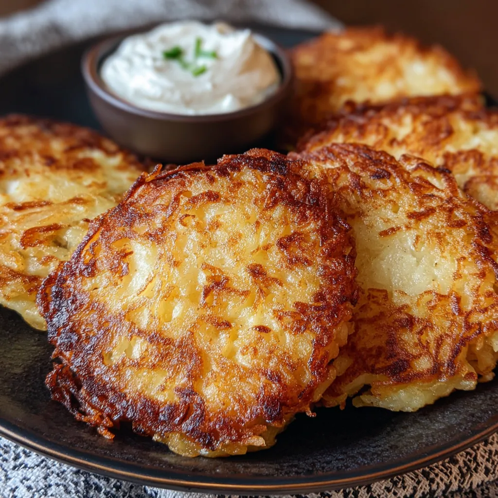 A plate of German potato pancakes with a bowl of sauce.
