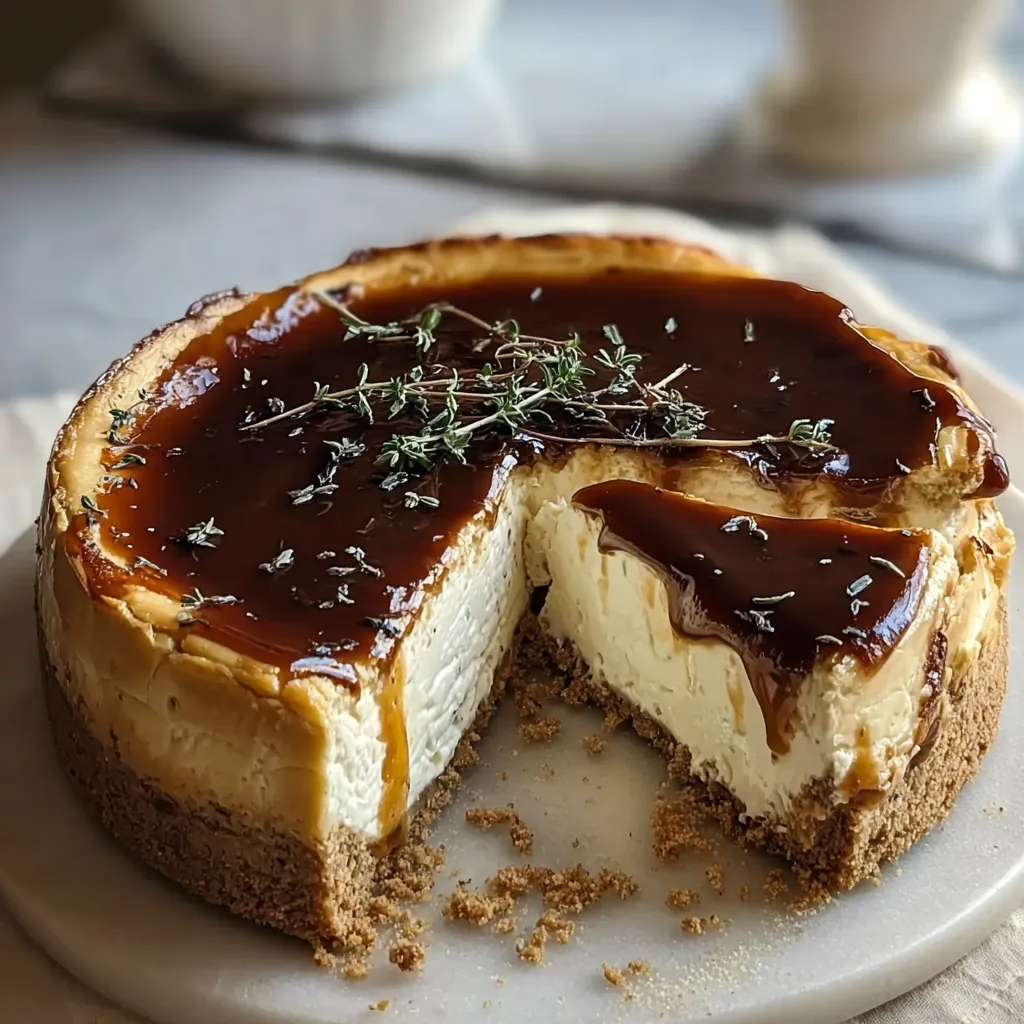 A slice of feta cheesecake with a brown sauce.