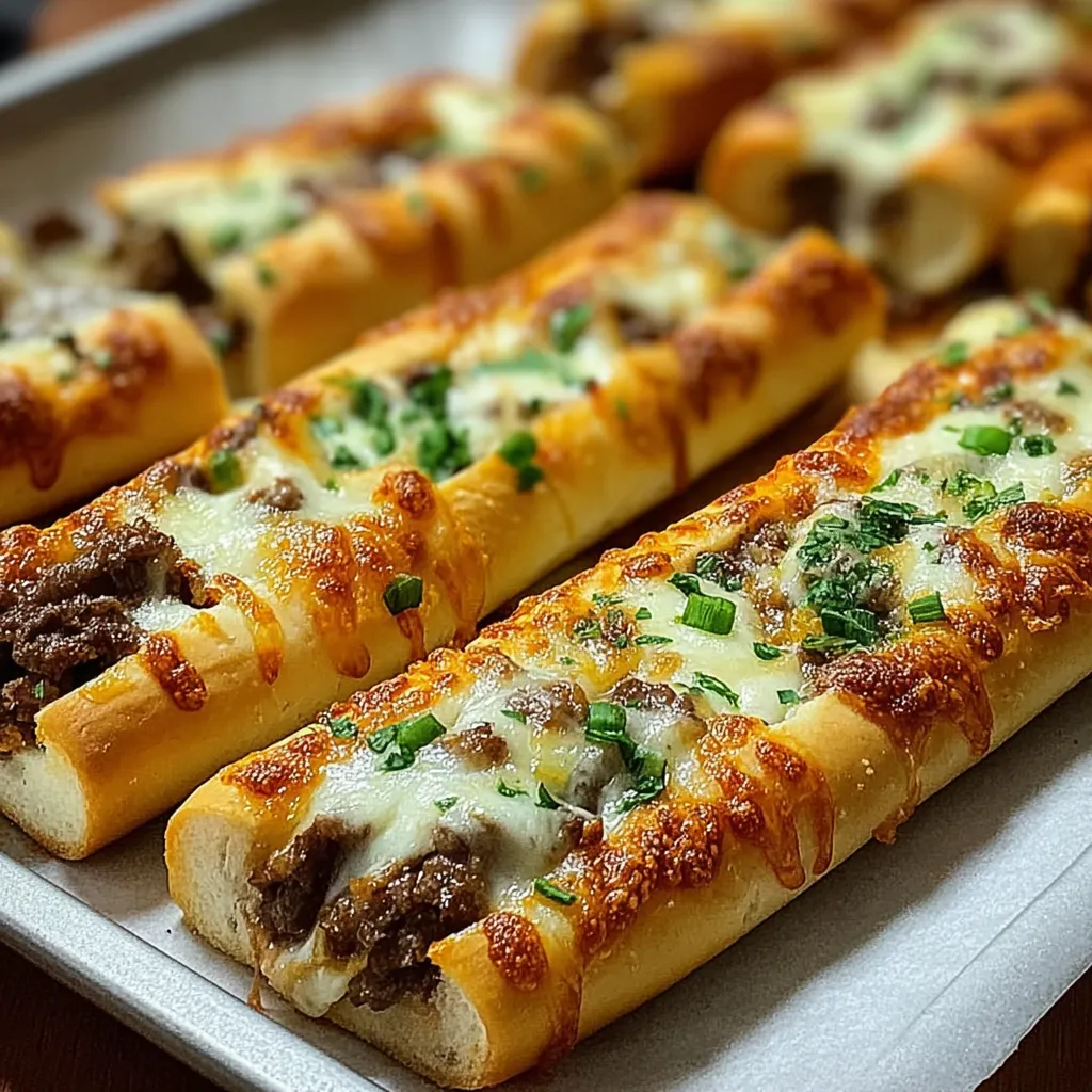 A tray of cheesy breadsticks with meat and cheese.