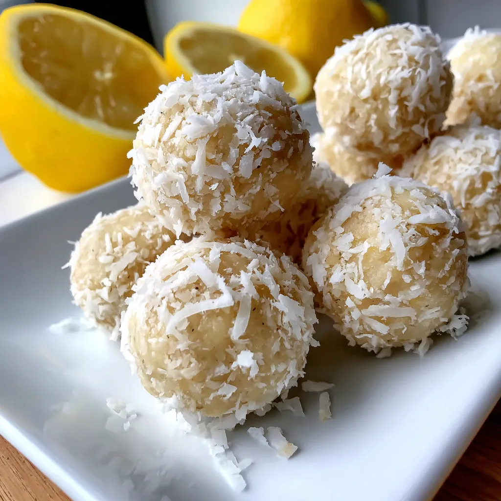 A plate of coconut protein balls with lemons on the side.