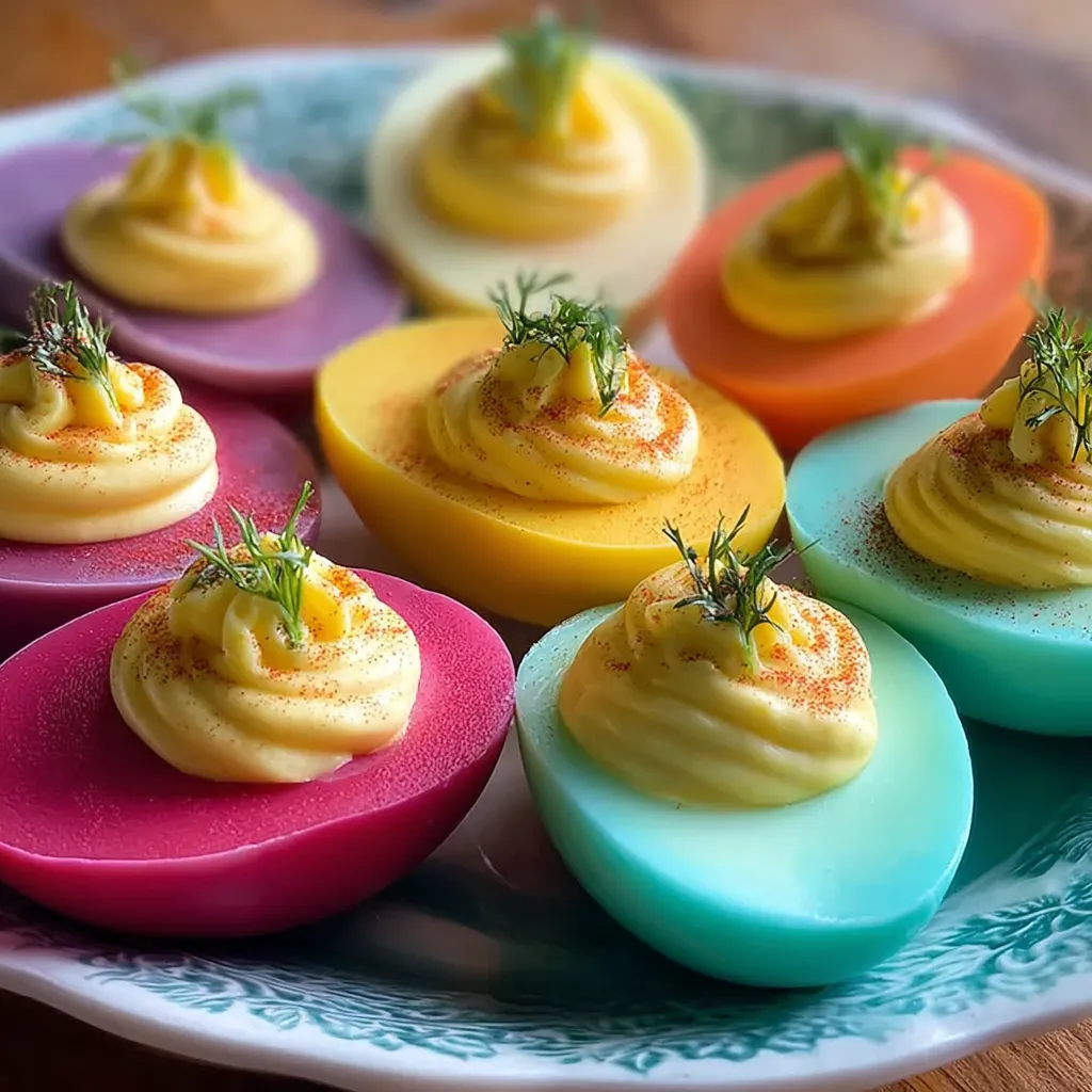 A plate of colorful deviled eggs.