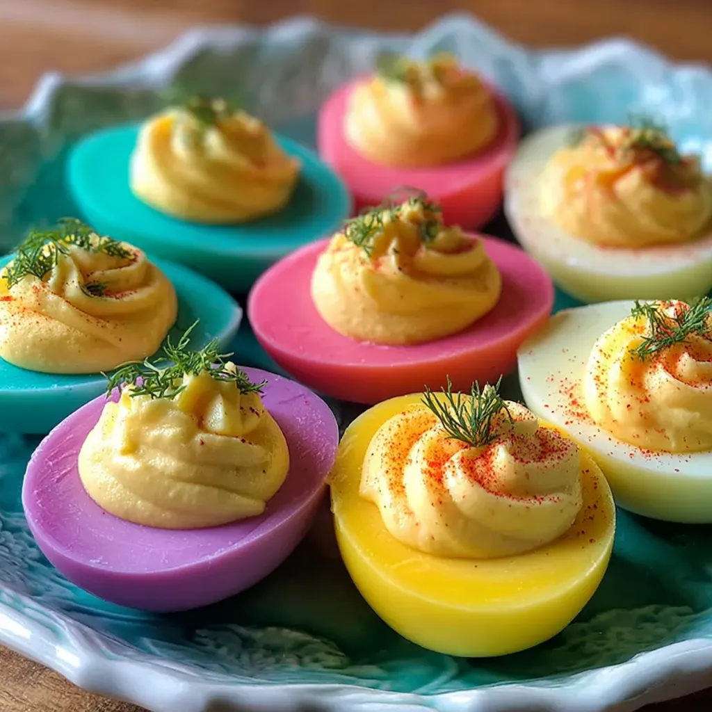 A plate of colorful deviled eggs.