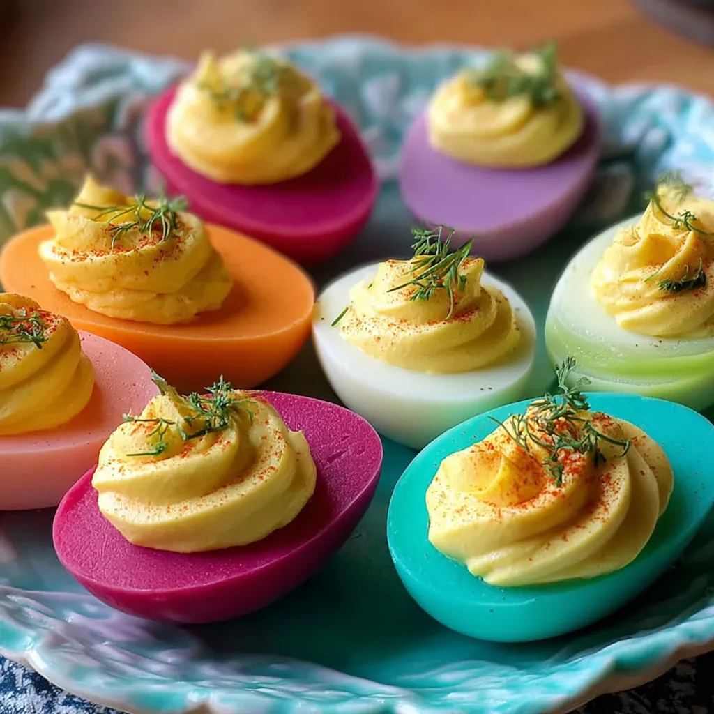 A plate of colorful deviled eggs.
