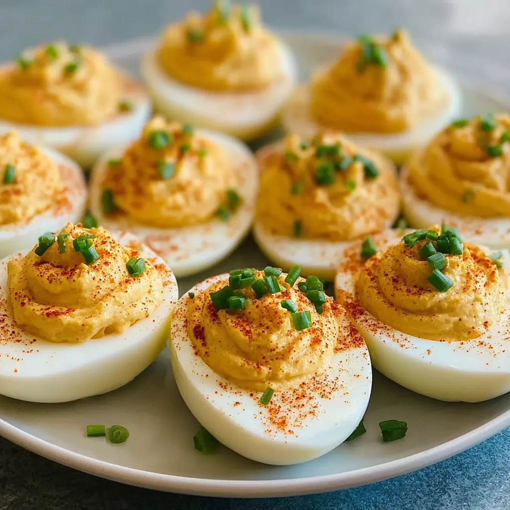 A plate of deviled eggs with a spoon.