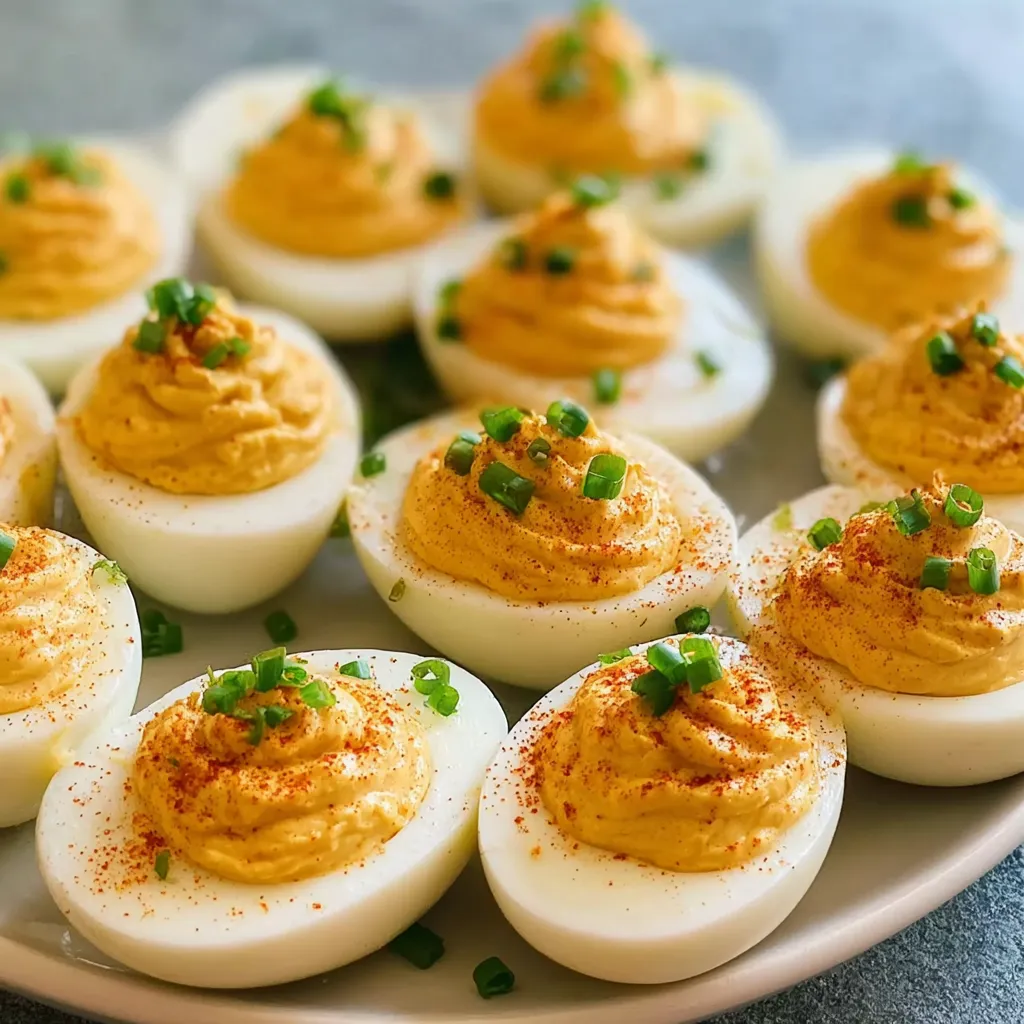 A plate of deviled eggs with a spoon.