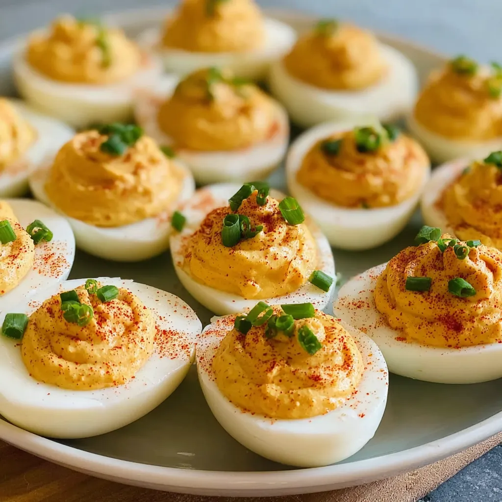 A plate of deviled eggs with a spoon.