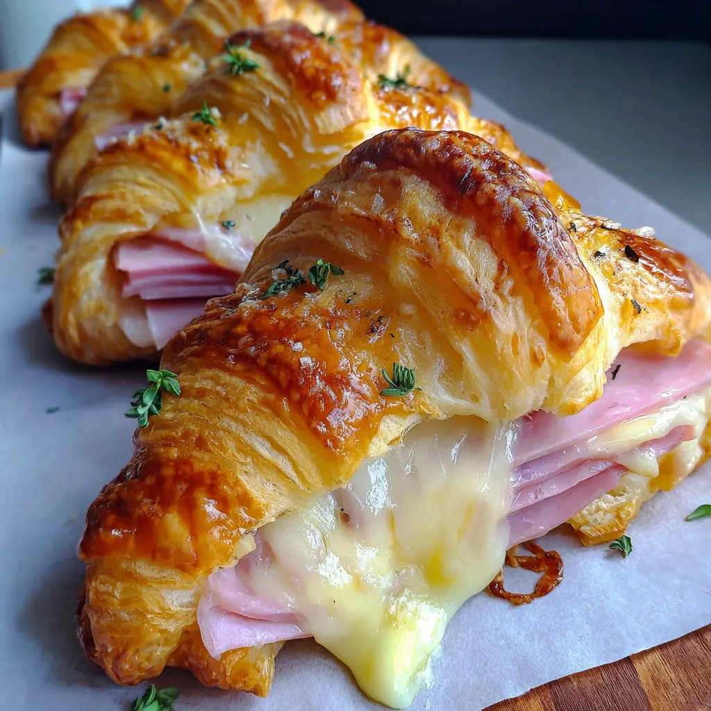 Baked ham and cheese croissants on a table.