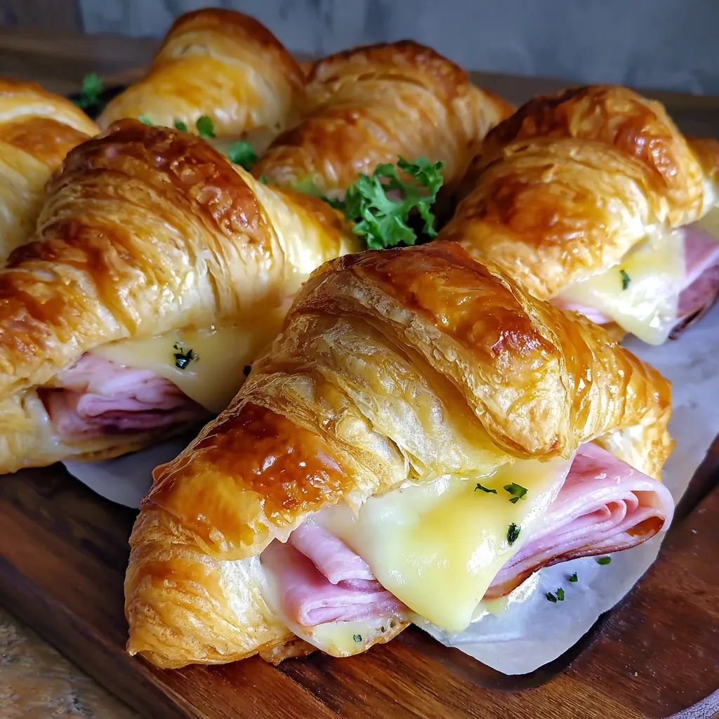 Baked ham and cheese croissants on a wooden table.