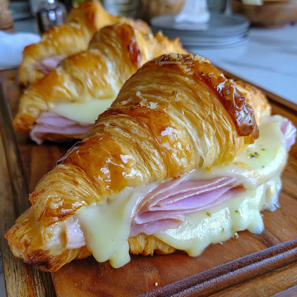 Two croissants with ham and cheese.