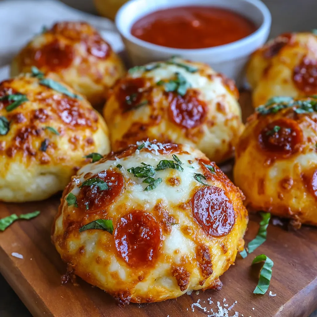 A plate of cheesy pepperoni pizza bombs.