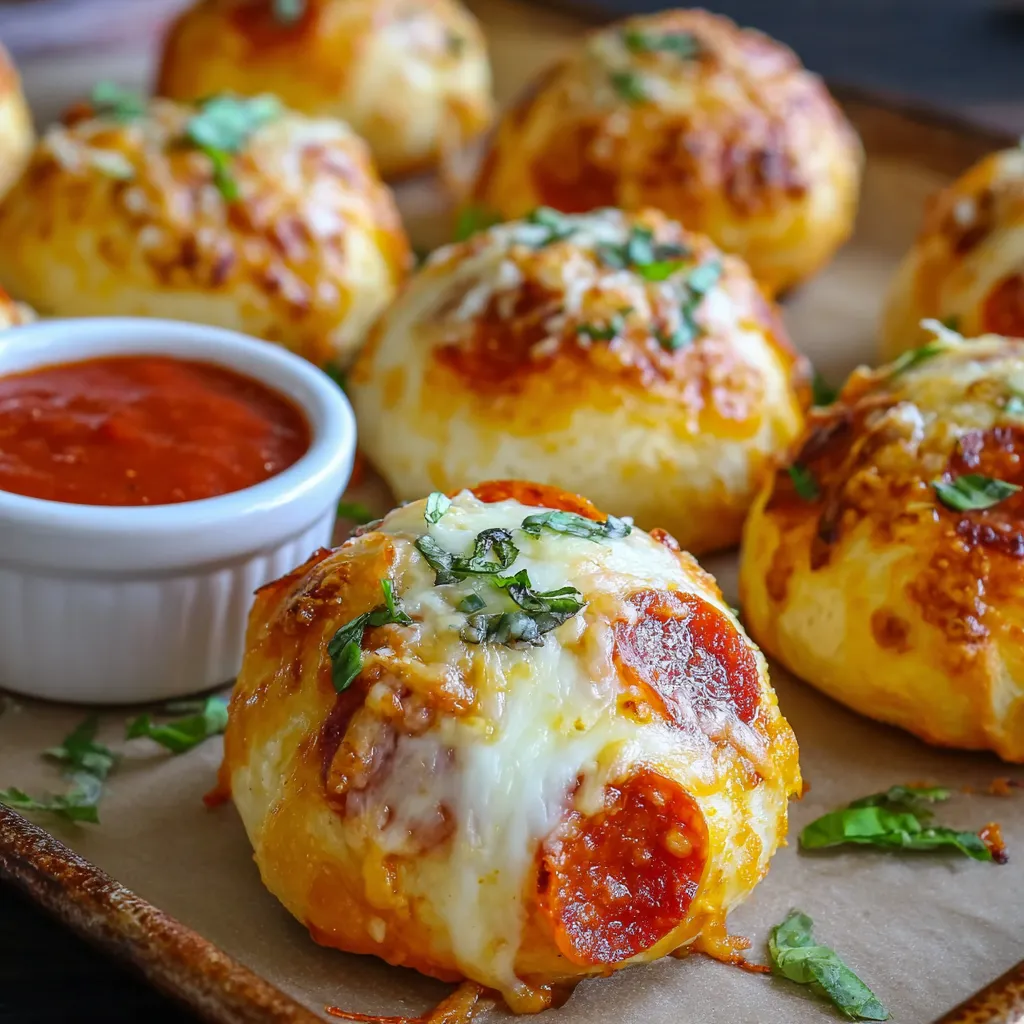 A plate of cheesy pepperoni pizza bombs.