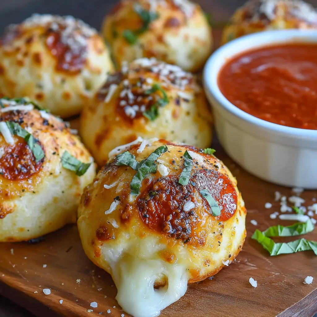 A bowl of sauce sits next to a plate of cheesy pepperoni pizza bombs.