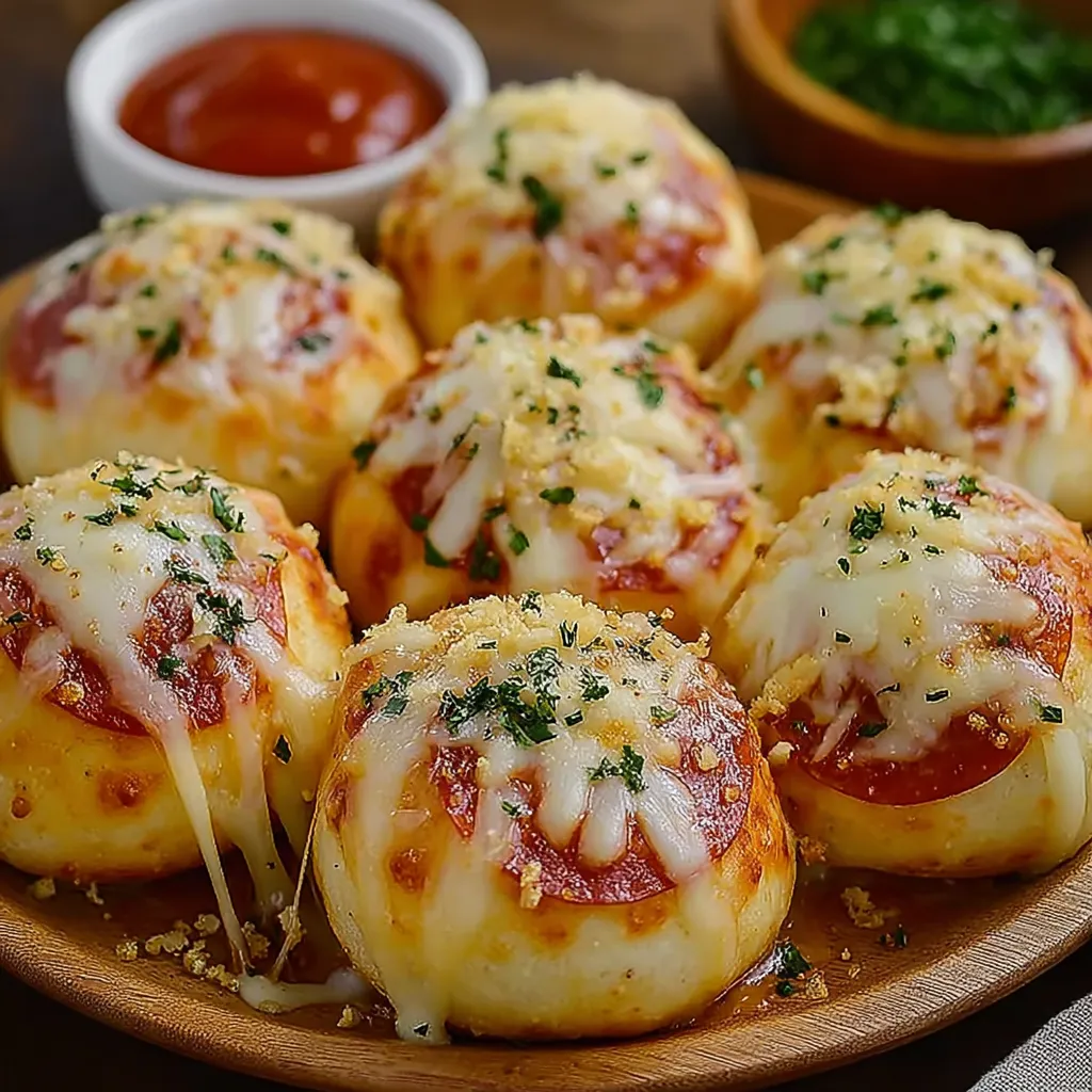 A plate of cheesy pizza bombs.
