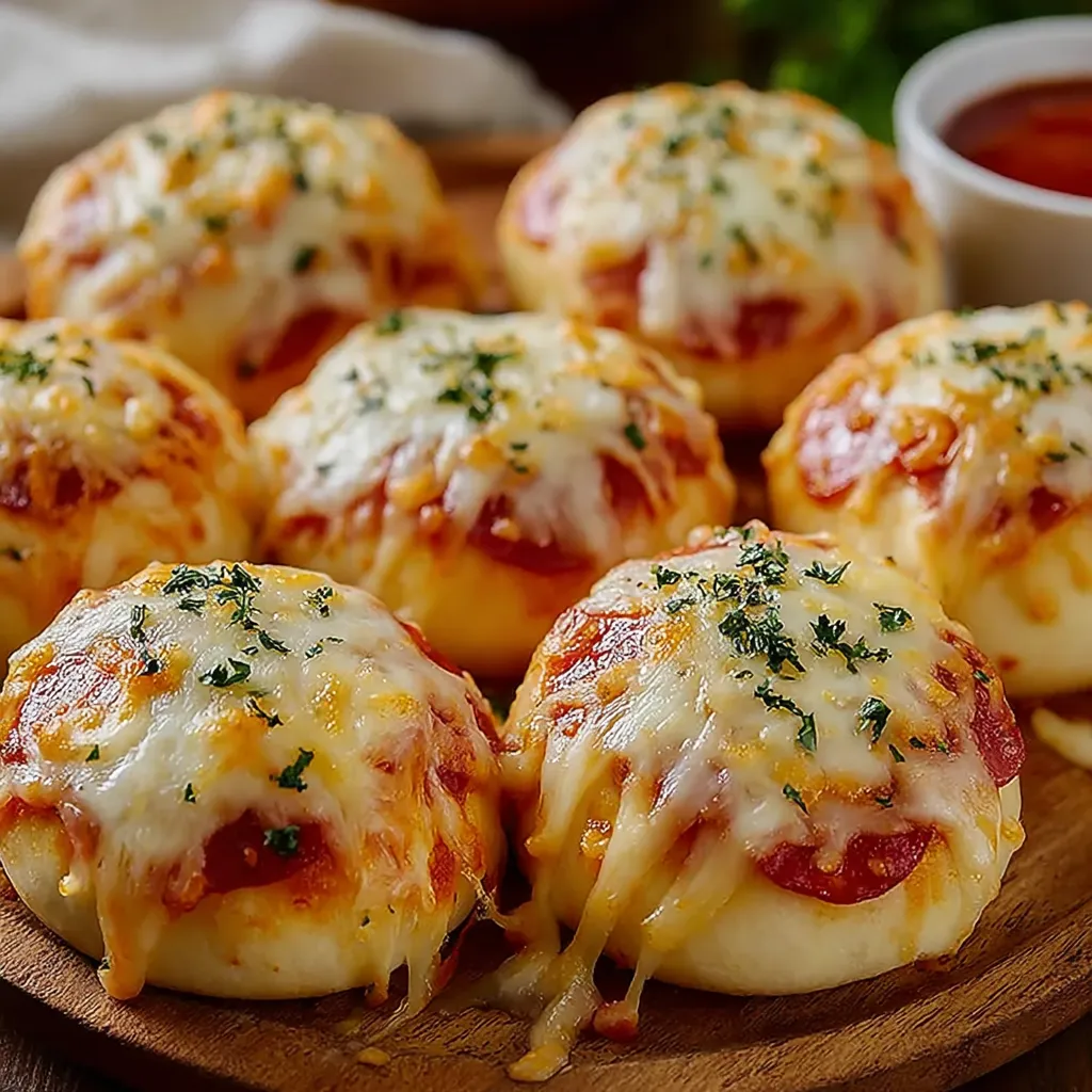 Cheesy pizza bombs on a wooden platter.