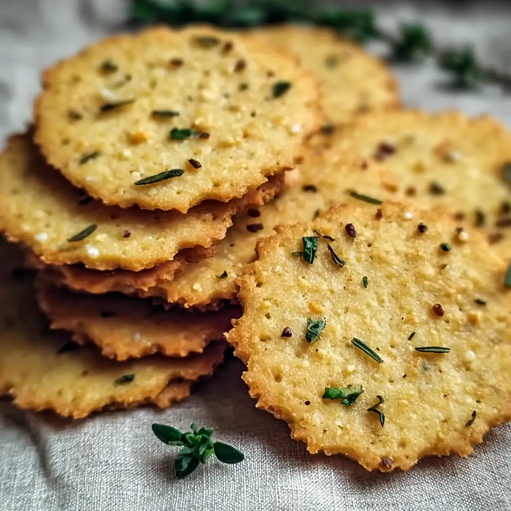 A stack of garlic and herb chickpea flour snack crackers.