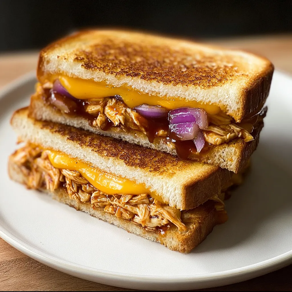 A grilled cheese sandwich with BBQ chicken.