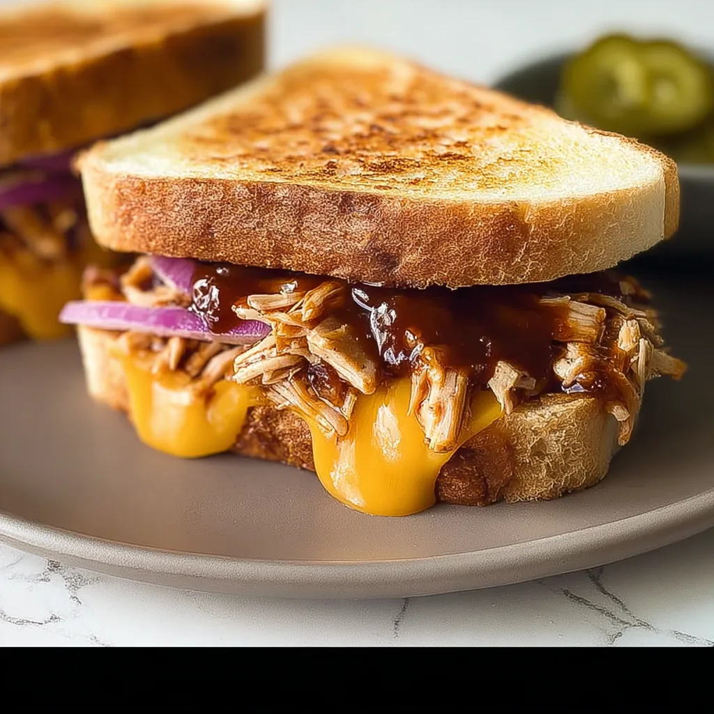 A grilled cheese sandwich with BBQ chicken.
