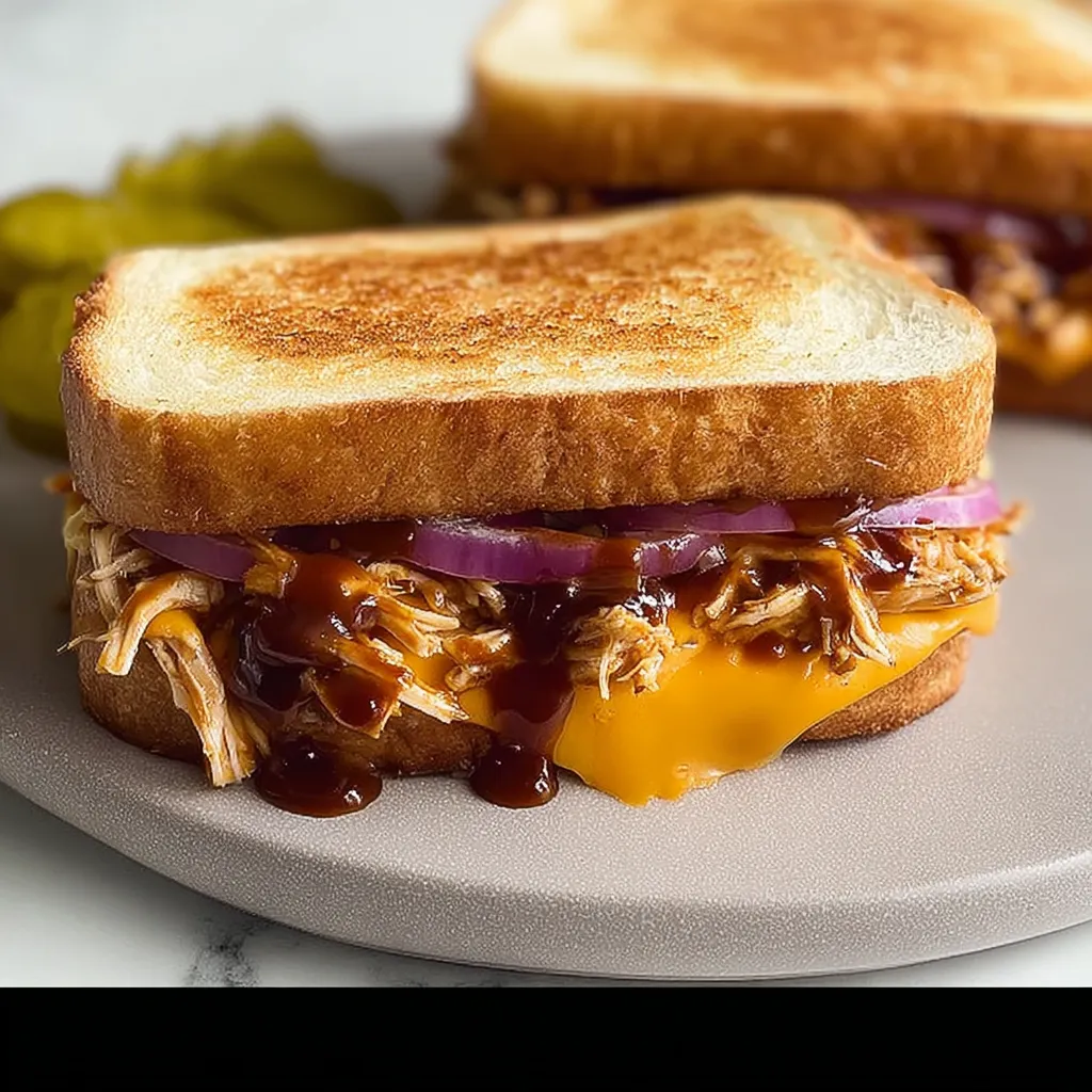 A sandwich with BBQ chicken and grilled cheese.