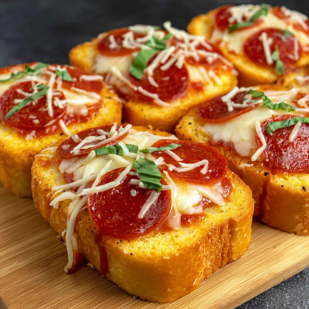 A slice of Texas toast garlic bread pizza.