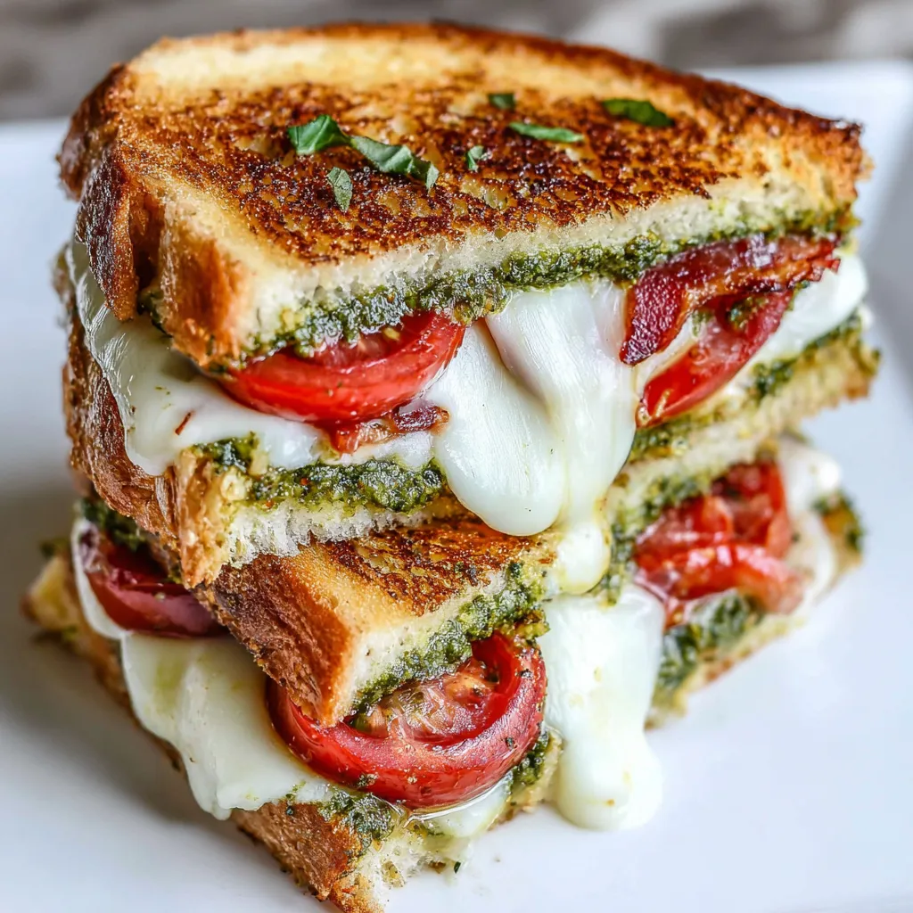 A grilled cheese sandwich with tomatoes and basil.