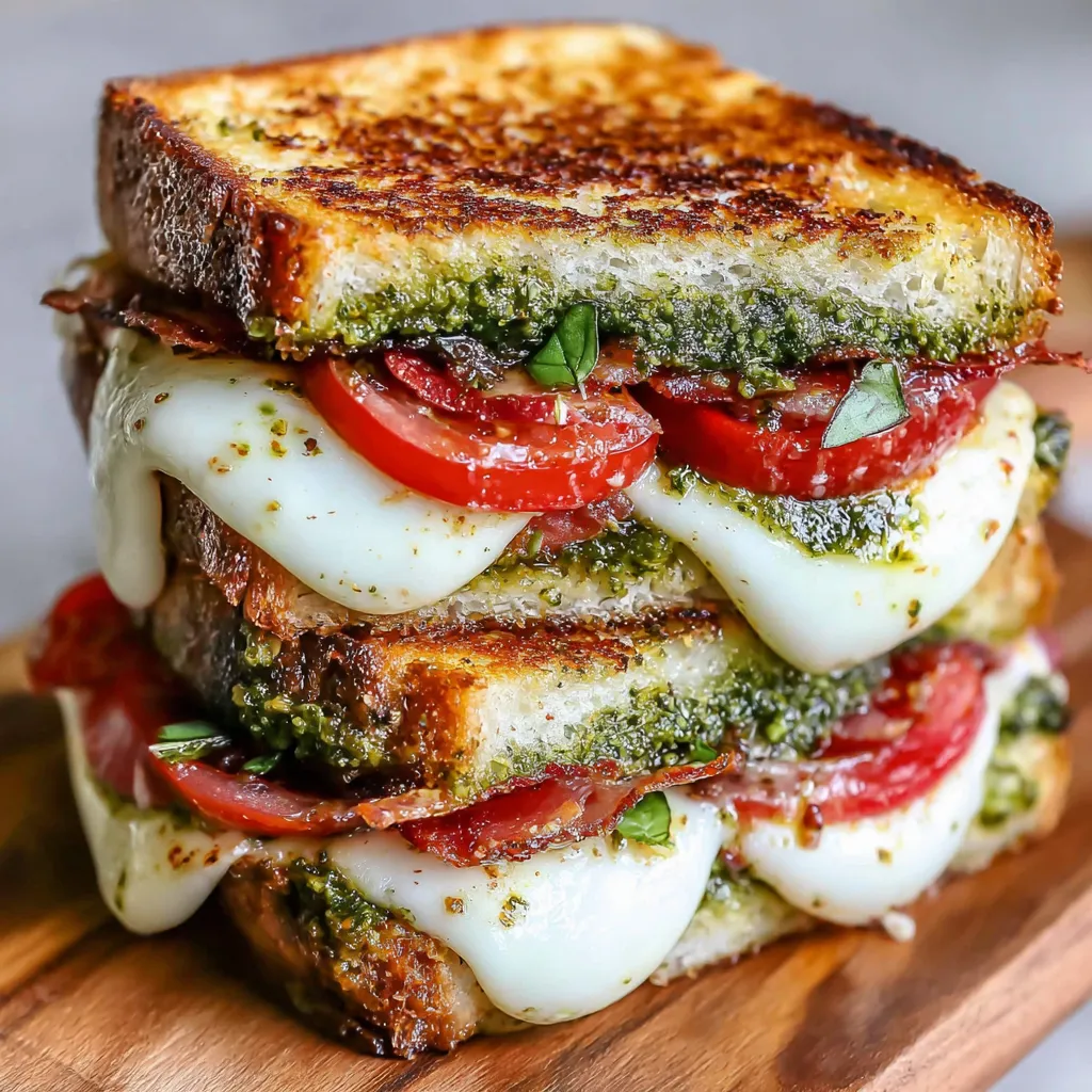 A stack of grilled cheese sandwiches with pesto.