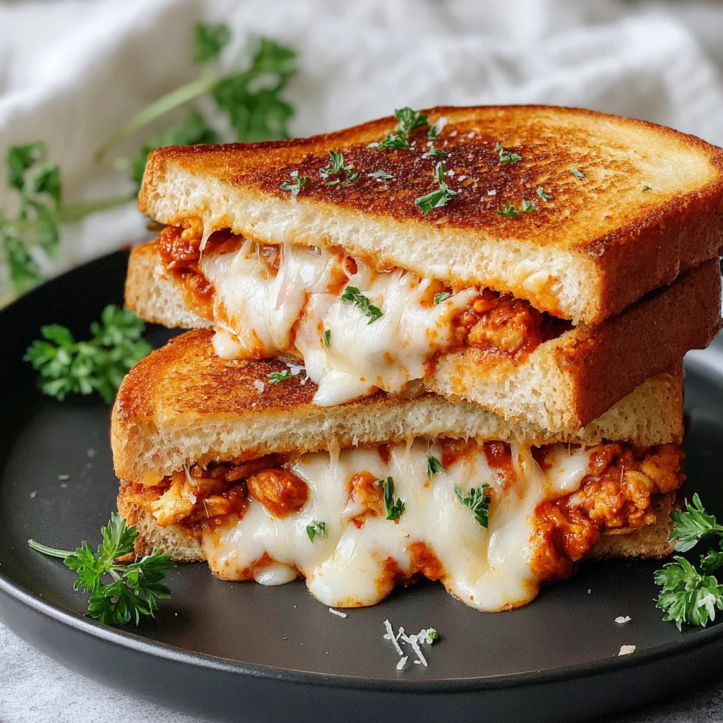 A grilled cheese sandwich with chicken and tomato sauce.