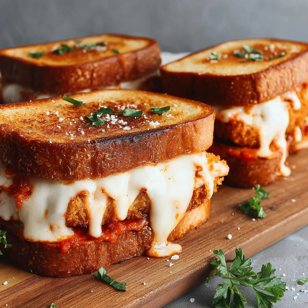 A grilled cheese sandwich with chicken and tomato sauce.