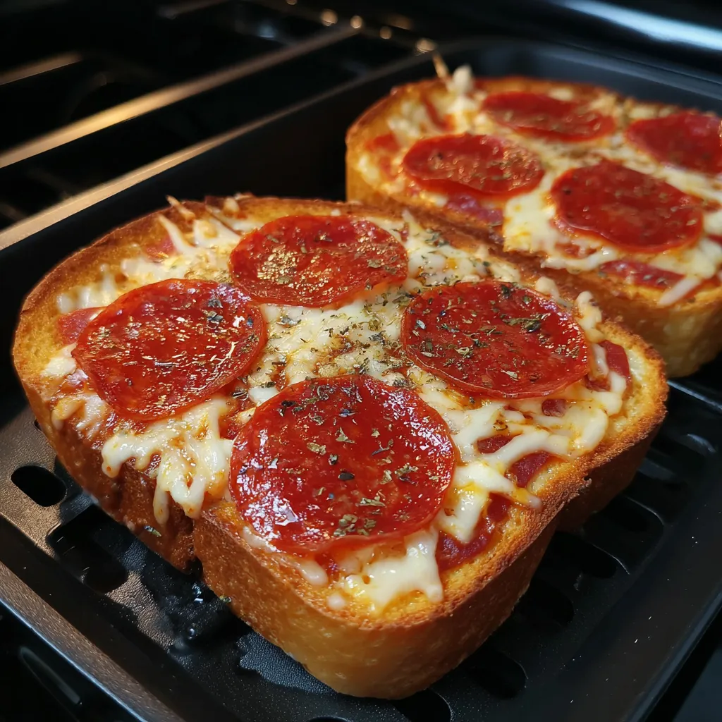 A slice of pizza toast in an air fryer.