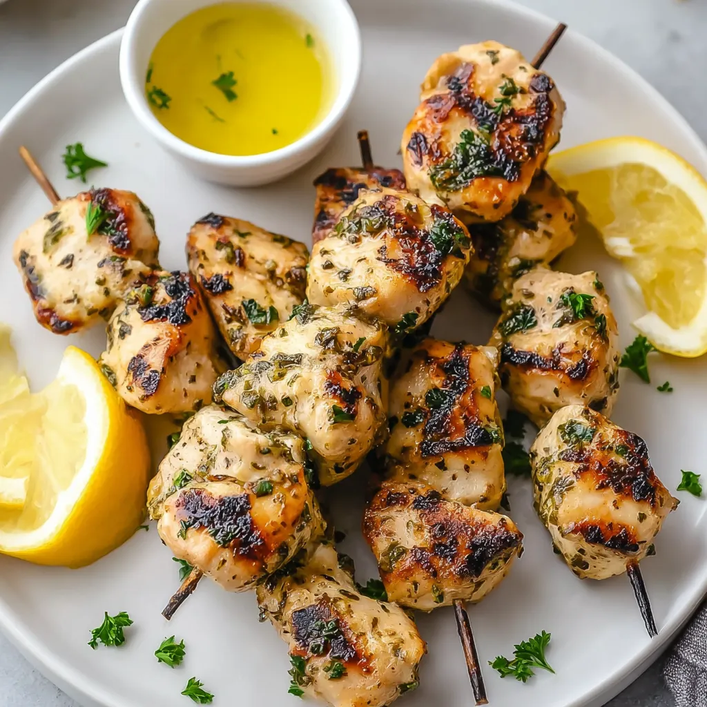 Lemon Herb Chicken Skewers with a lemon wedge.