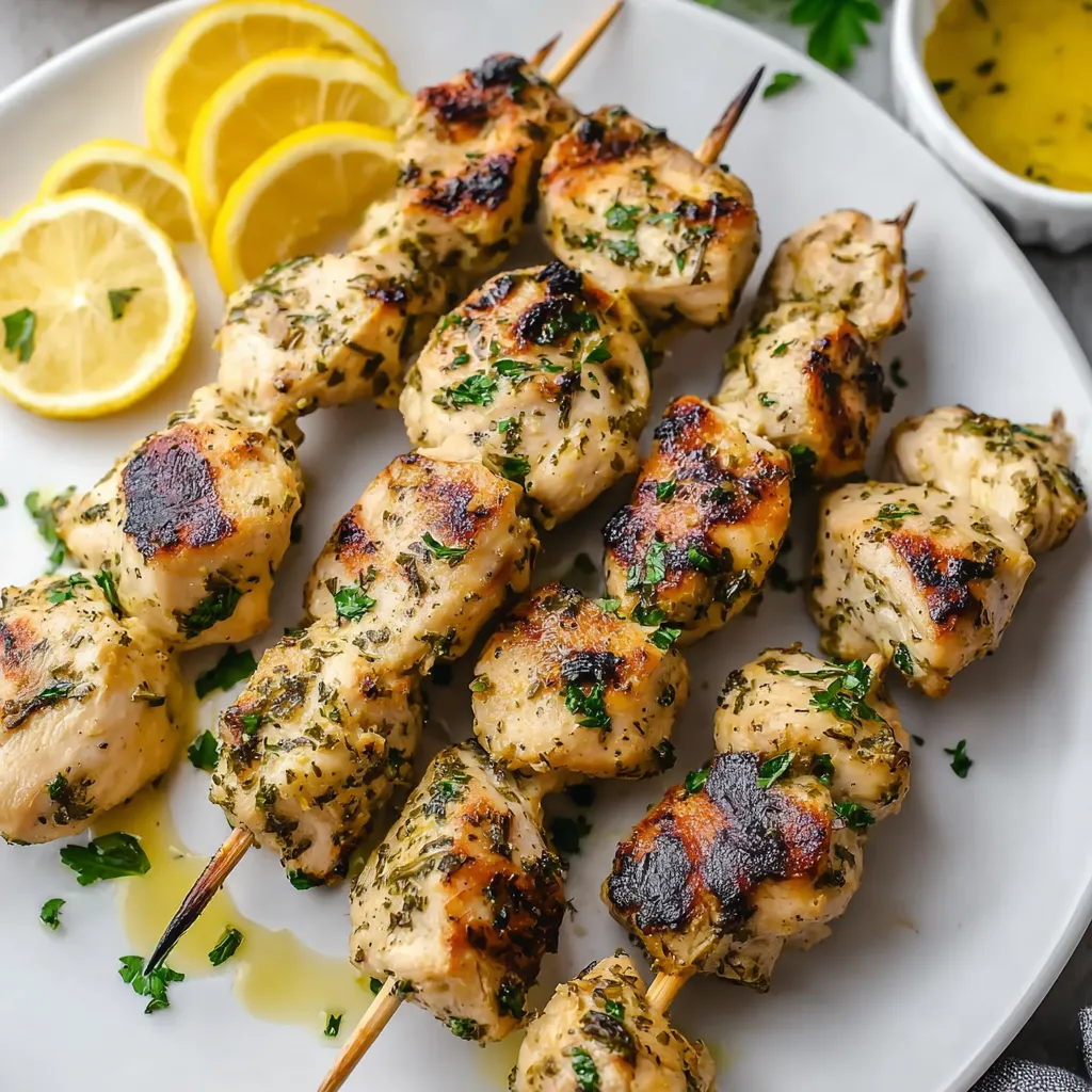 Lemon Herb Chicken Skewers on a plate.