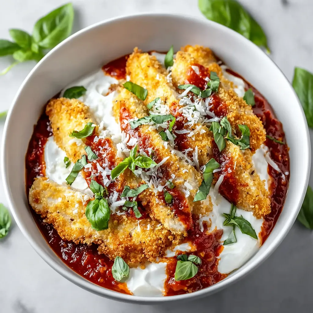 A bowl of chicken parm with cottage cheese.