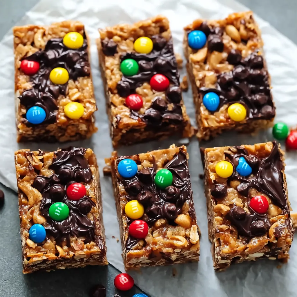 A close up of a chewy granola bar with chocolate and M&M's.