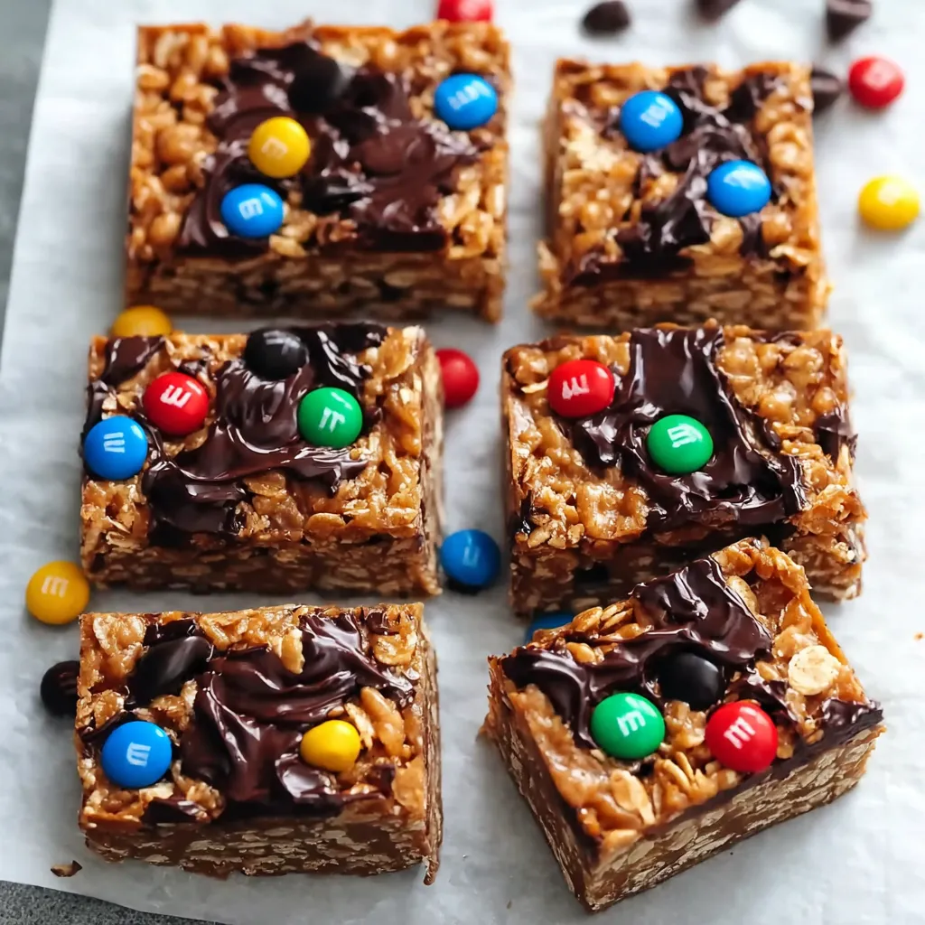 A close up of a chewy granola bar with chocolate and M&M's.