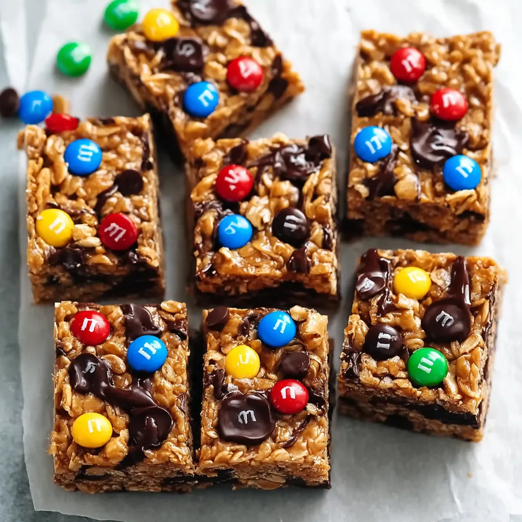 A close up of a granola bar with M&M's.