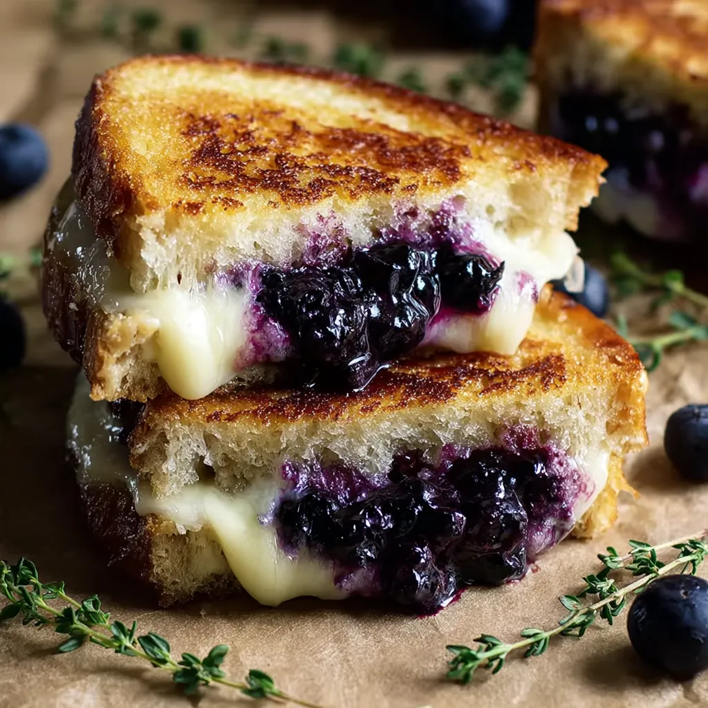A grilled cheese sandwich with blueberries on top.