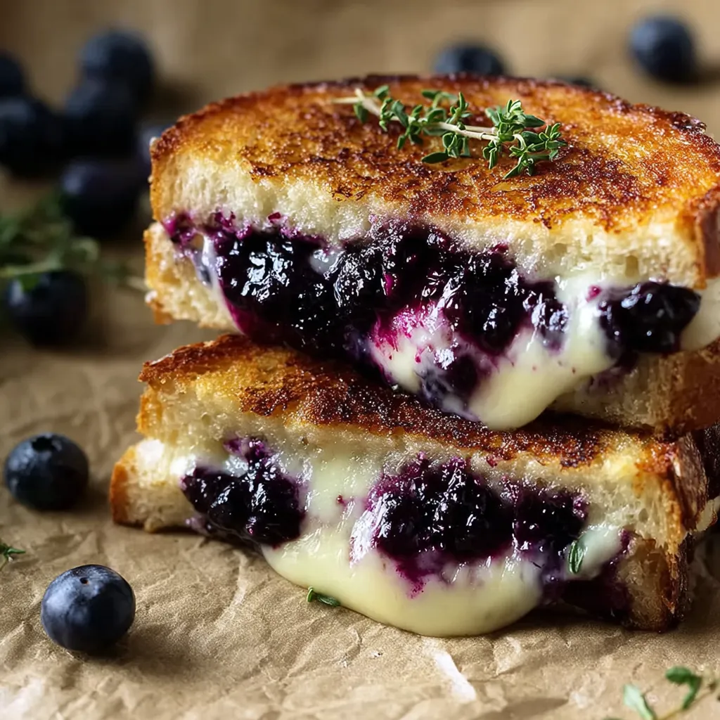 A grilled cheese sandwich with blueberries on top.