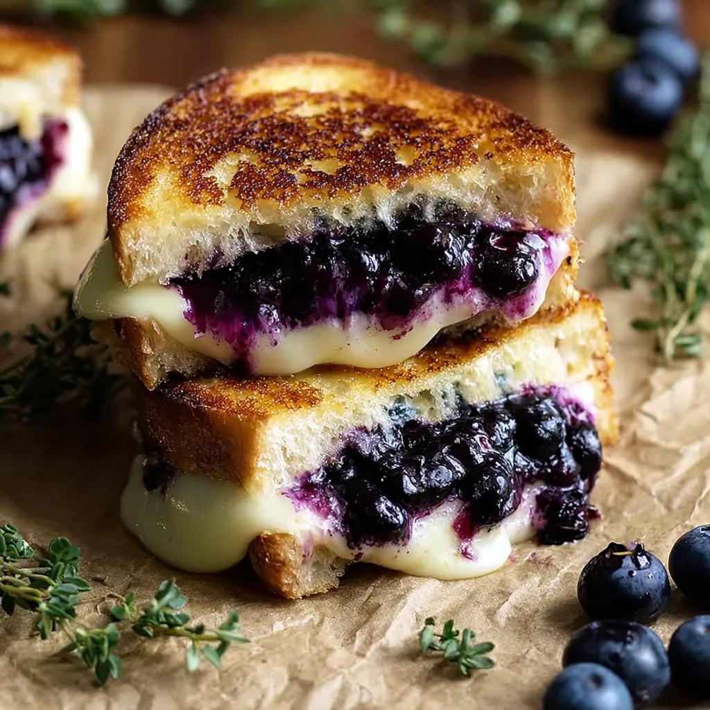 A grilled cheese sandwich with blueberries on top.