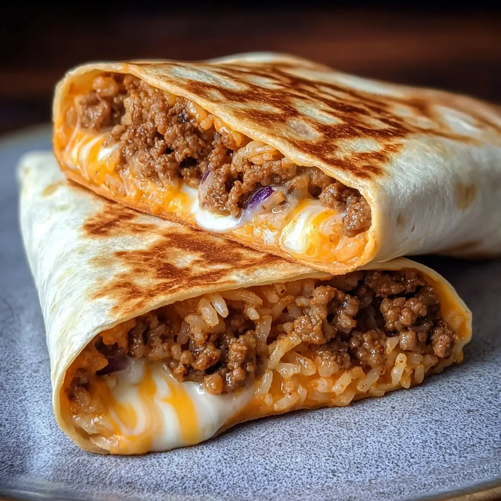 A grilled cheese burrito with rice and meat.