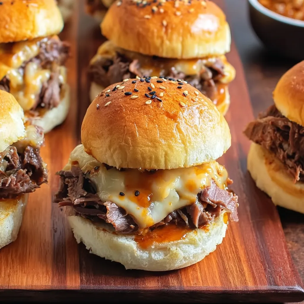 A plate of roast beef and cheddar sliders.