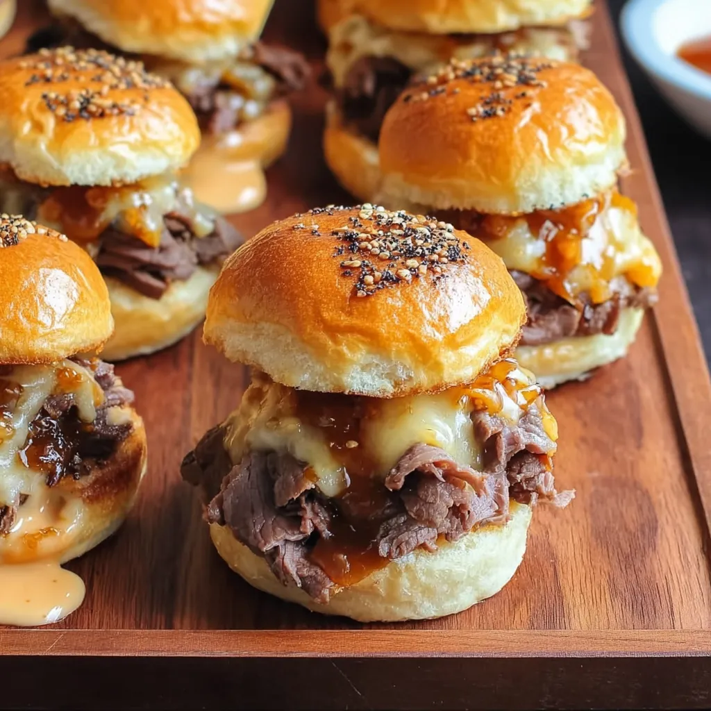 A tray of roast beef and cheddar sliders.