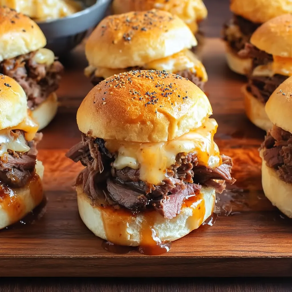A plate of roast beef and cheddar sliders.