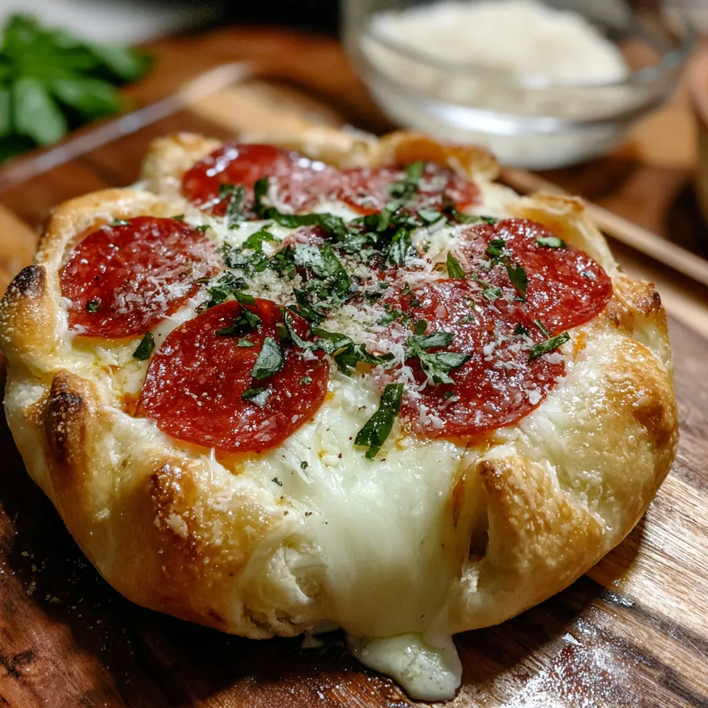 A stuffed brie cheese pizza on a wooden cutting board.