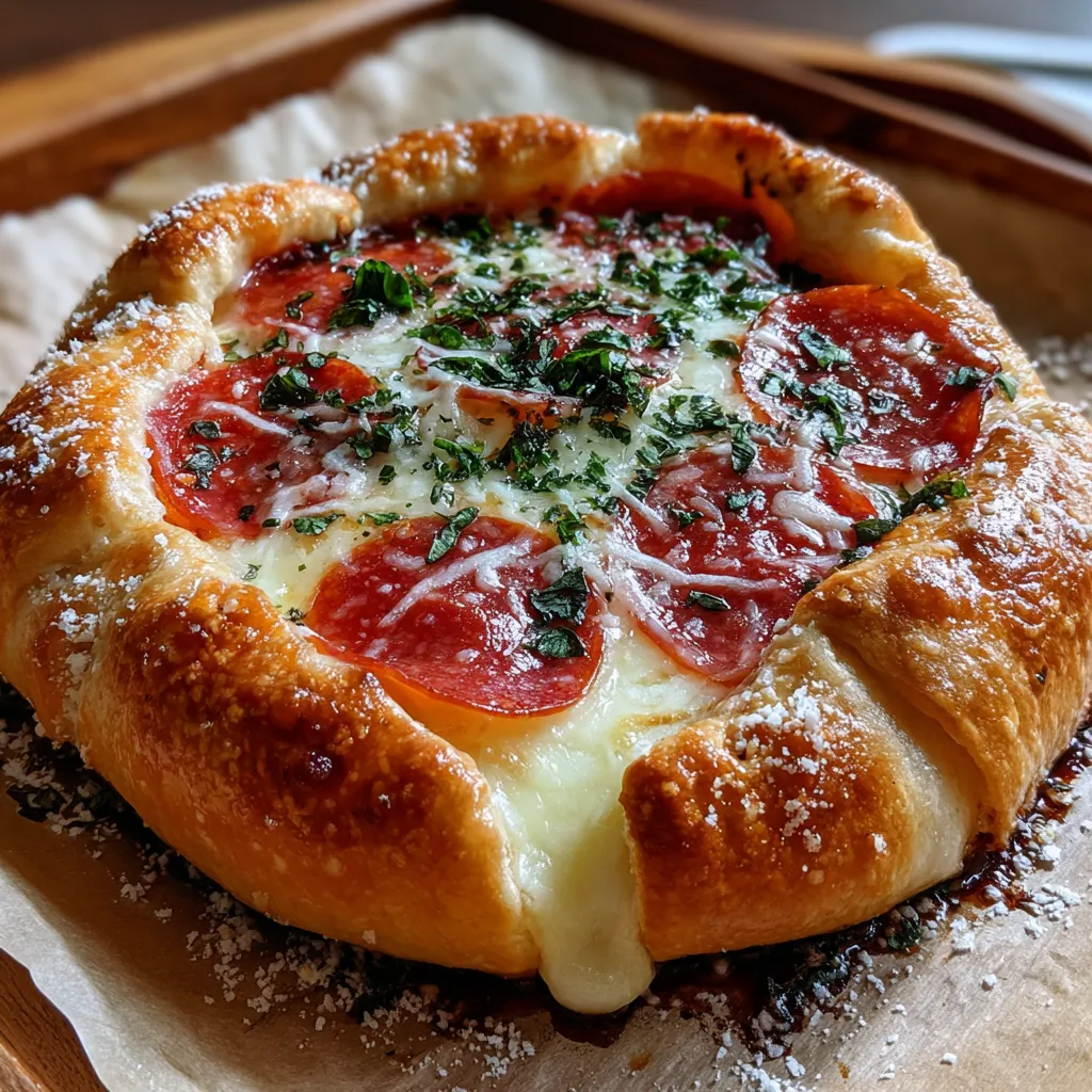 A stuffed brie cheese pizza on a wooden board.
