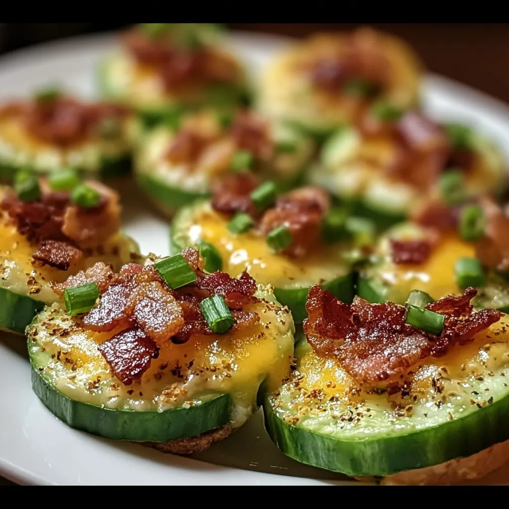 A plate of cucumber bites with bacon.