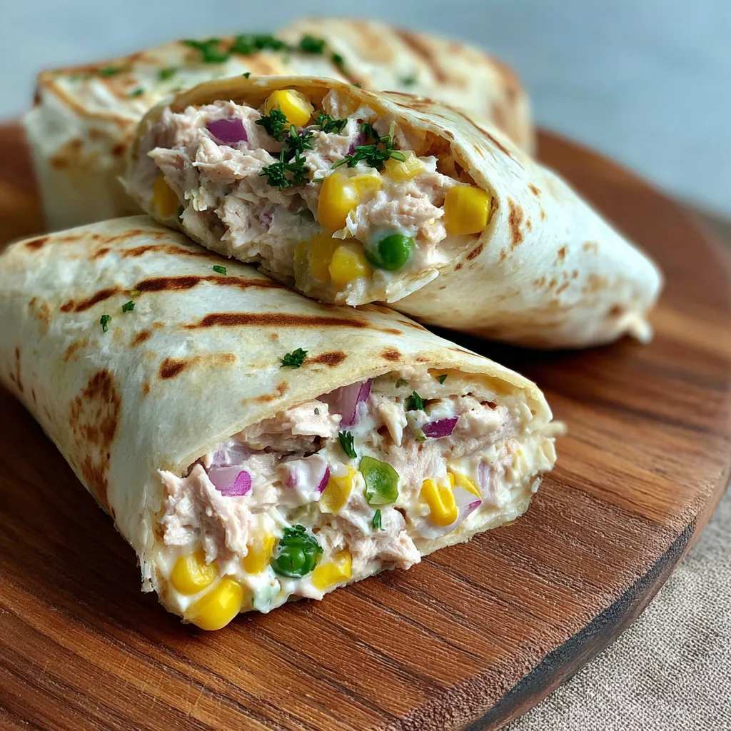 A tuna melt wrap on a wooden cutting board.